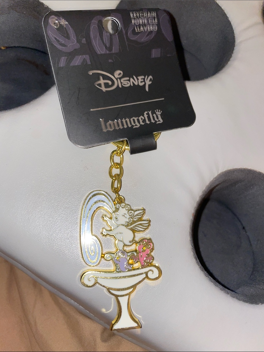 Loungefly Gold Cherub Fountain Keychain with Pink & Purple Accents